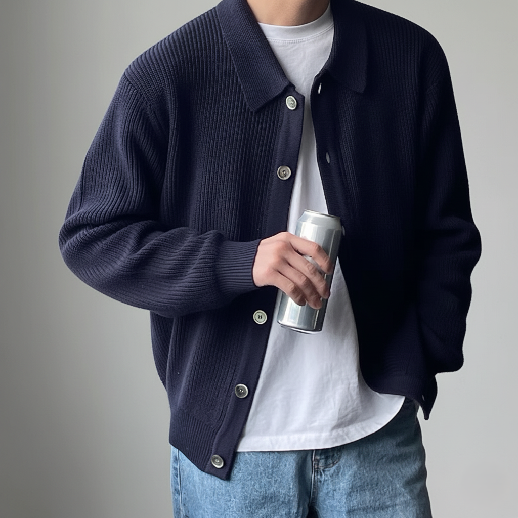 Men's relaxed fit knit cardigan in neutral tones with collared button-down front for cozy layering