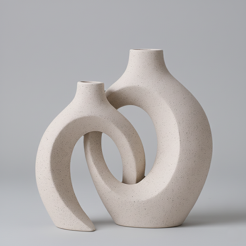 Two-piece abstract ceramic vase set neutral beige minimalist sculptural intertwined open-center design