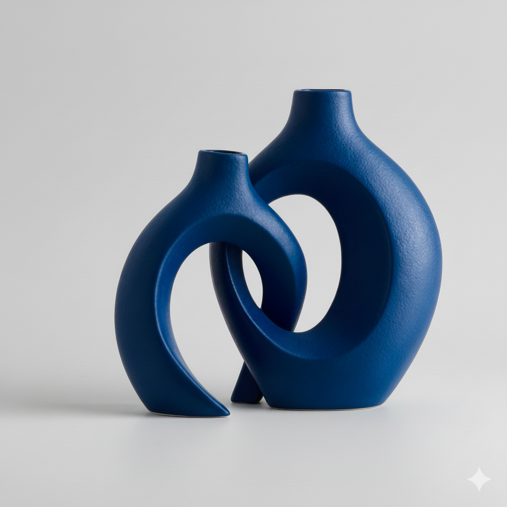 Modern abstract ceramic vase set 2-piece neutral beige minimalist sculptural intertwined open-center design