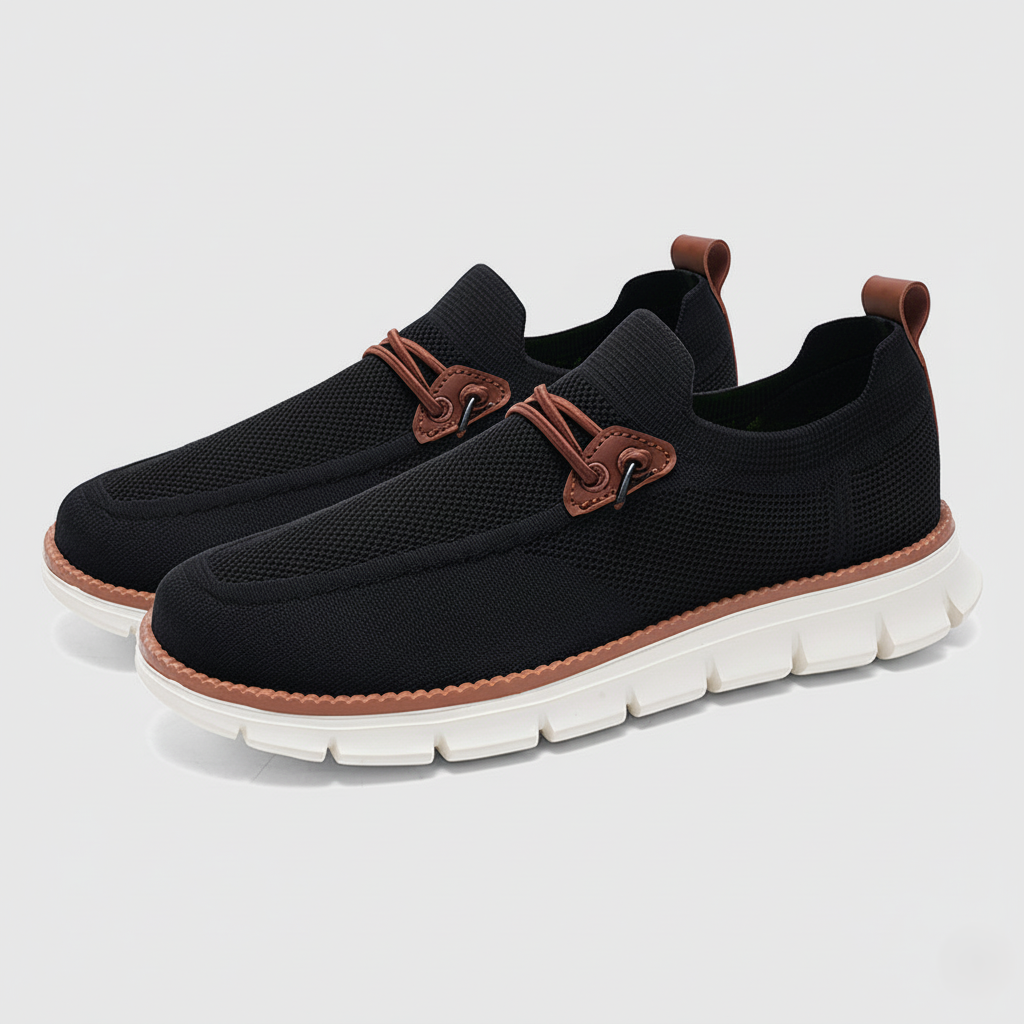 Men's navy knit boat shoe lightweight breathable upper chunky non-slip rubber sole coastal style