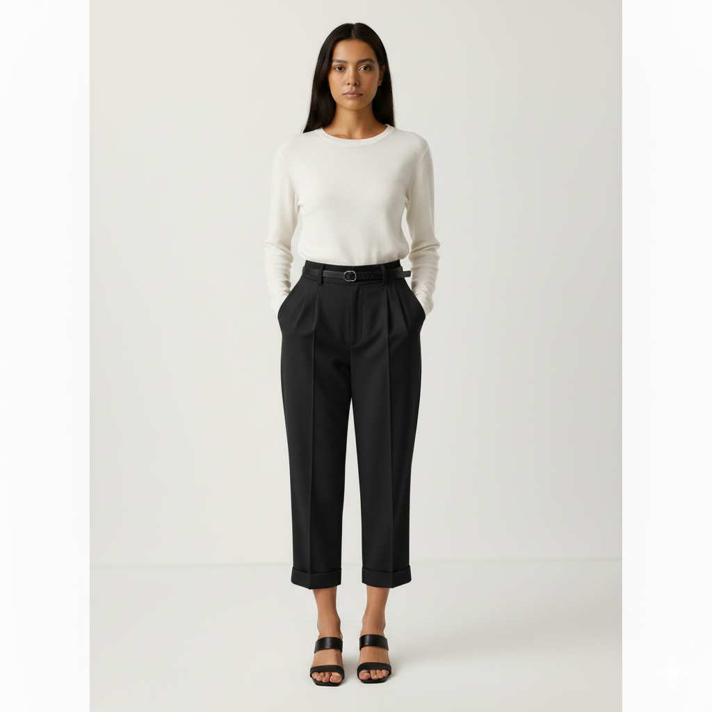 Women's tailored cropped trousers high waist straight leg pleated front with removable belt