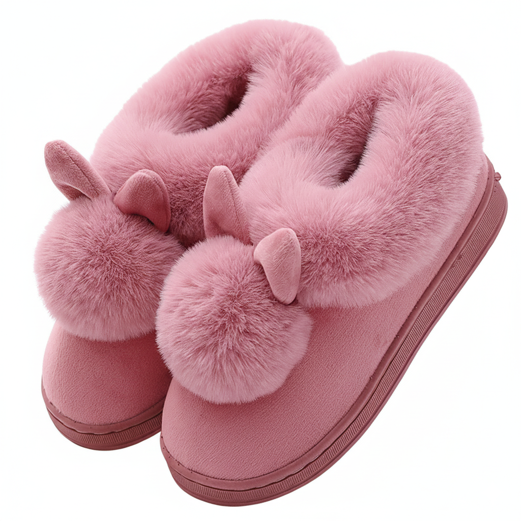 Women's pink plush slip-on slippers with cozy fur trim and playful bunny ears for home warmth