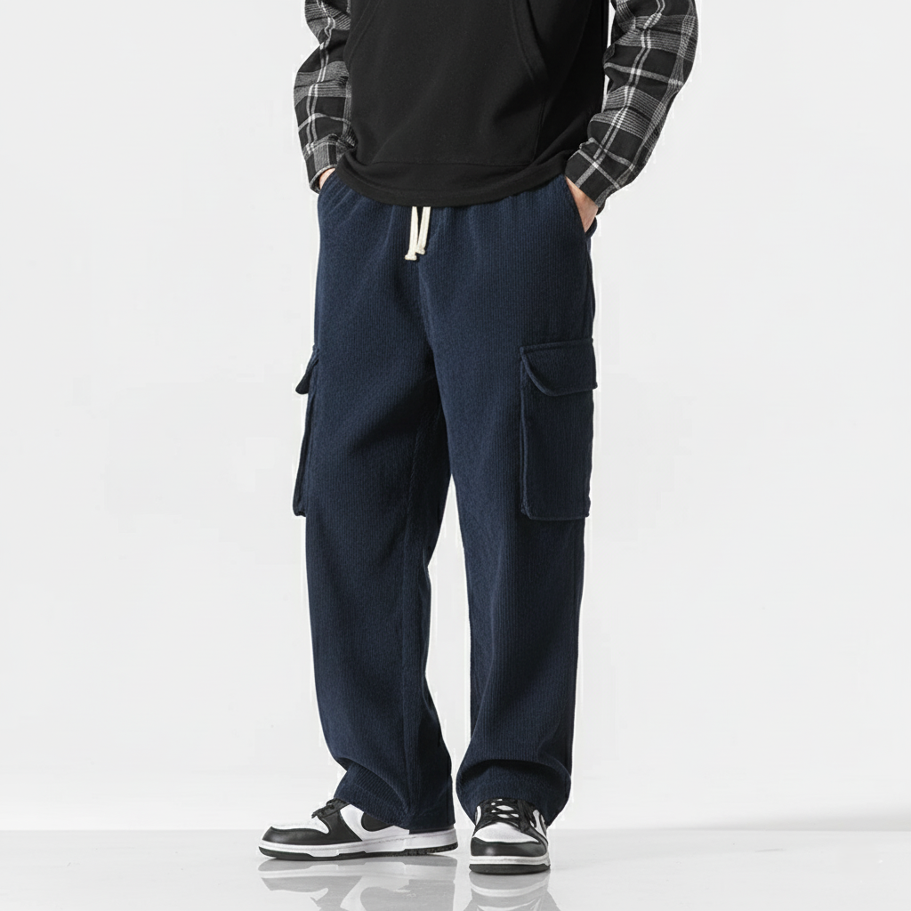 Unisex beige corduroy cargo pants relaxed straight fit with drawstring waist and side pockets