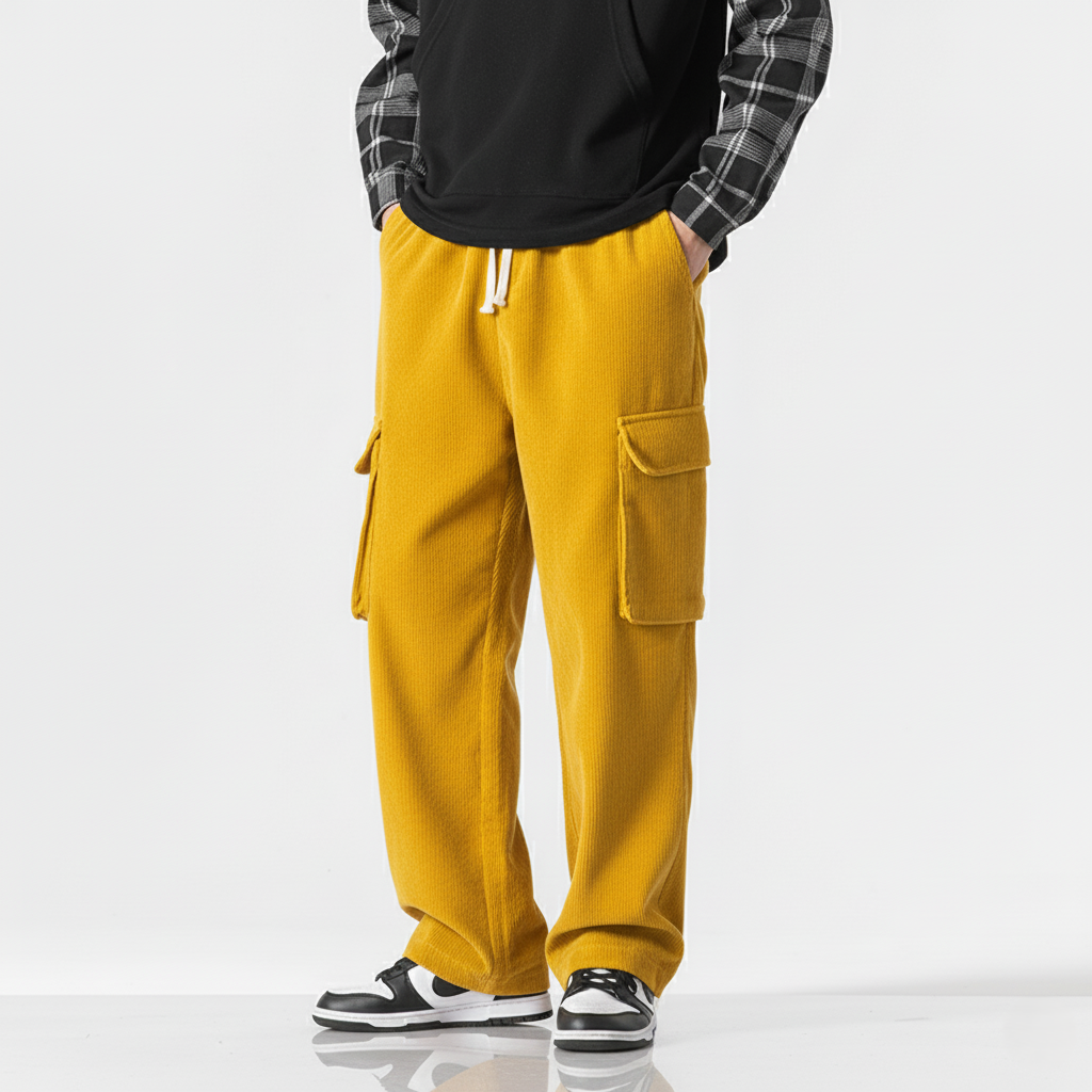 Unisex beige corduroy cargo pants relaxed straight fit with drawstring waist and multiple pockets