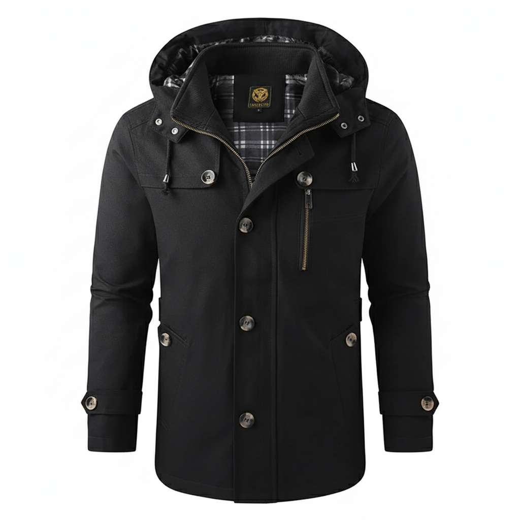 Men's hooded casual jacket with plaid lining, button pockets, regular fit for everyday wear
