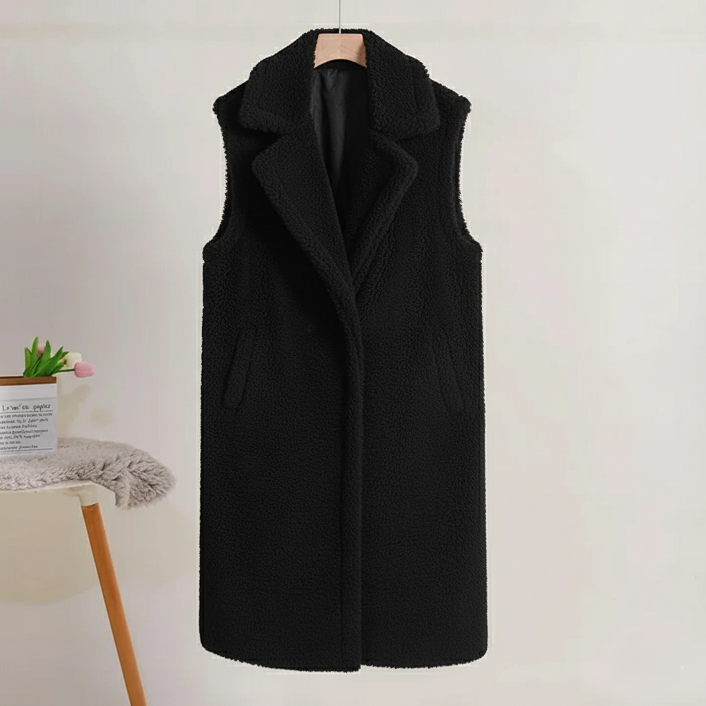 Women's beige teddy coat sleeveless oversized plush mid-length silhouette with button closure