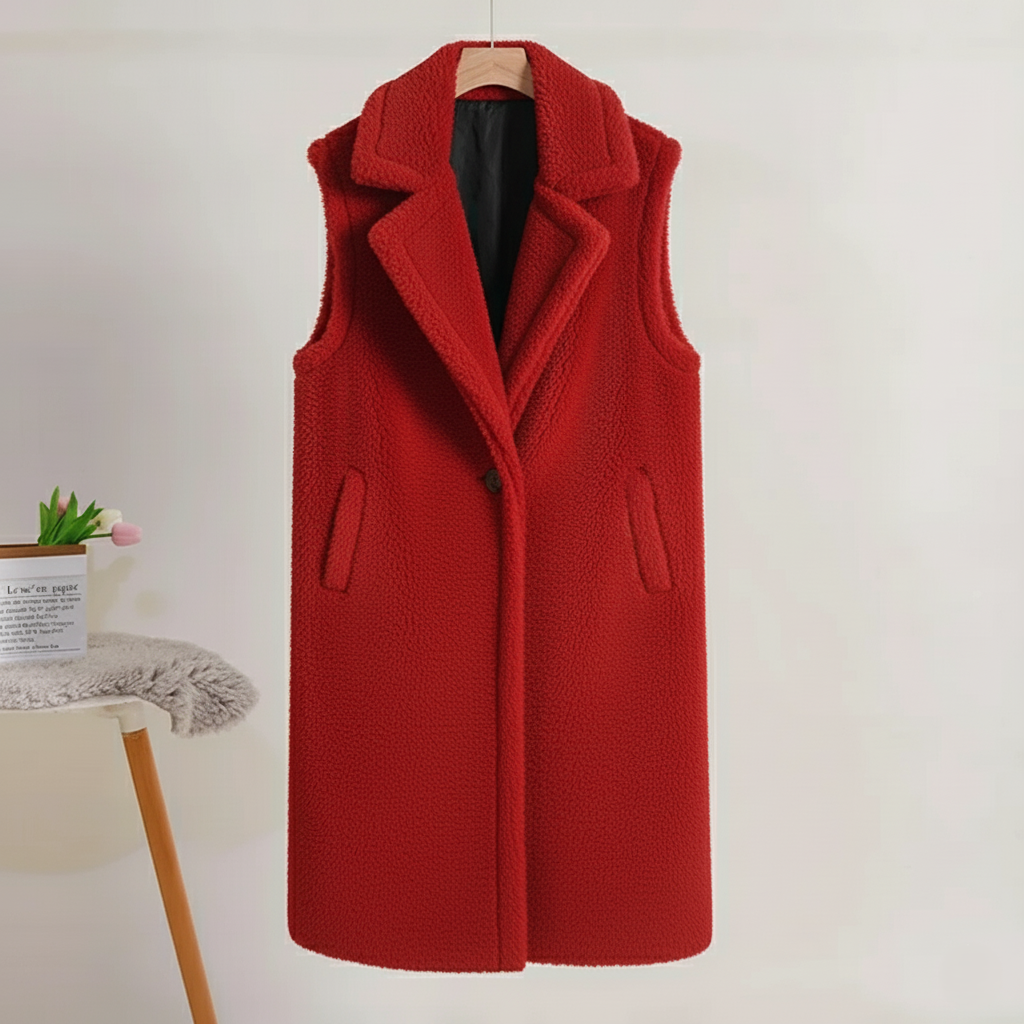 Women's beige teddy coat sleeveless oversized plush mid-length silhouette with button closure