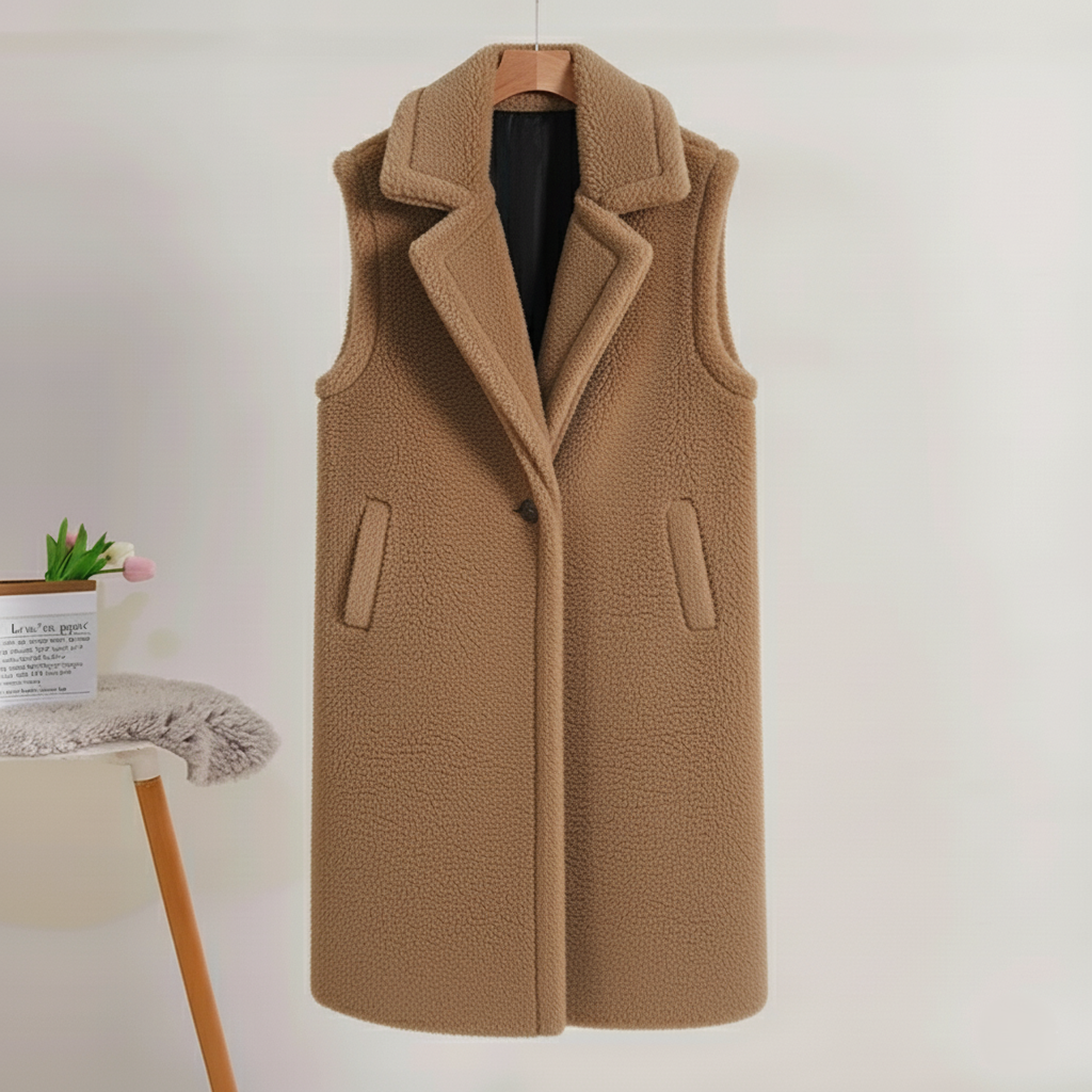 Women's beige oversized sleeveless teddy coat mid-length plush button closure warm outerwear
