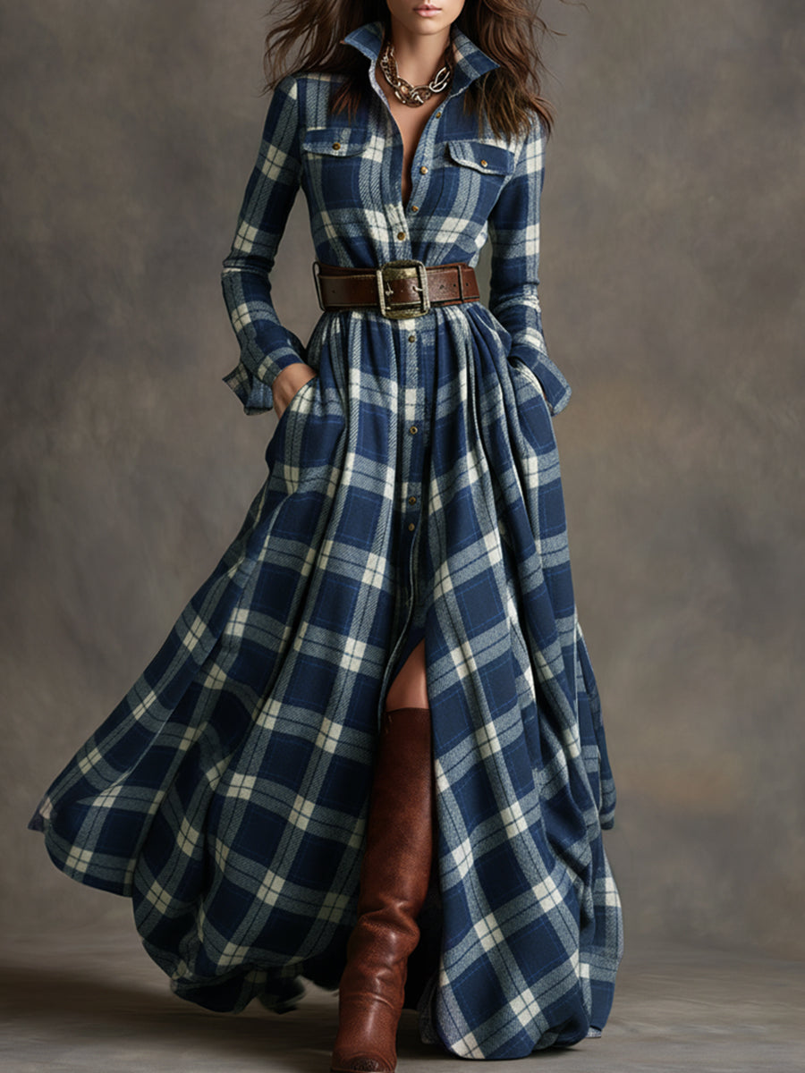 Women's plaid belted maxi dress with tailored bodice, button front closure, and polished flowing silhouette