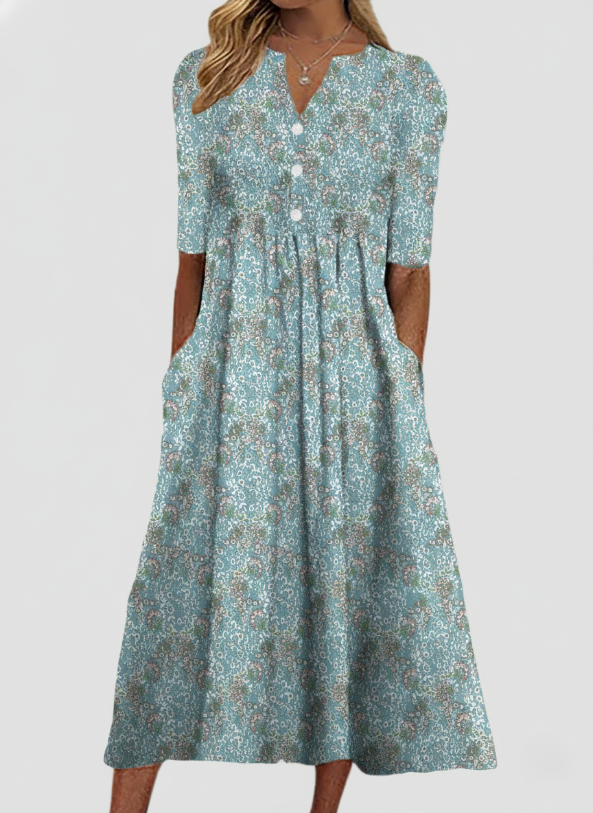Women's floral print midi dress loose fit A-line silhouette with V-neckline effortless chic style