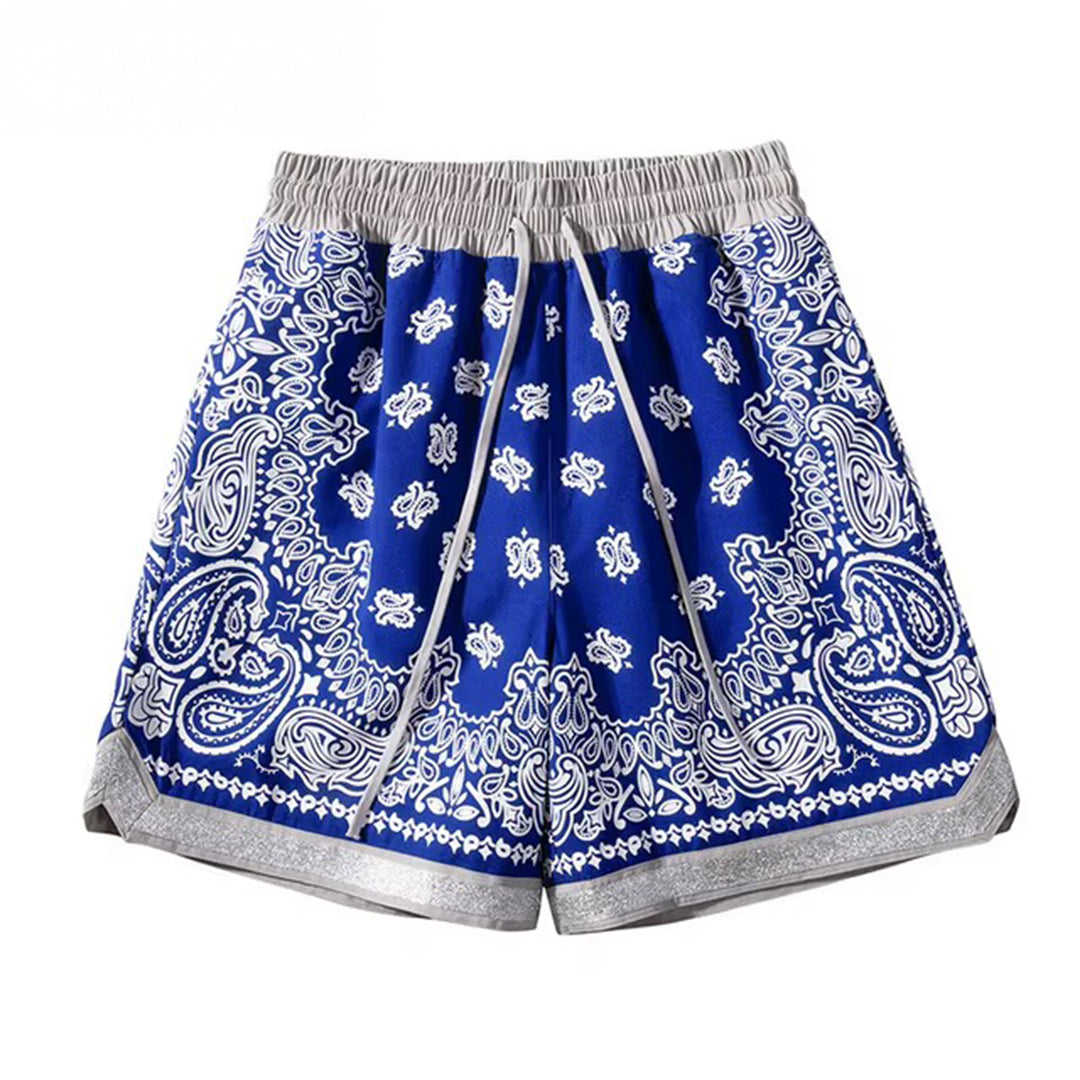 Men's paisley print loose fit basketball shorts with elastic waist and side pockets