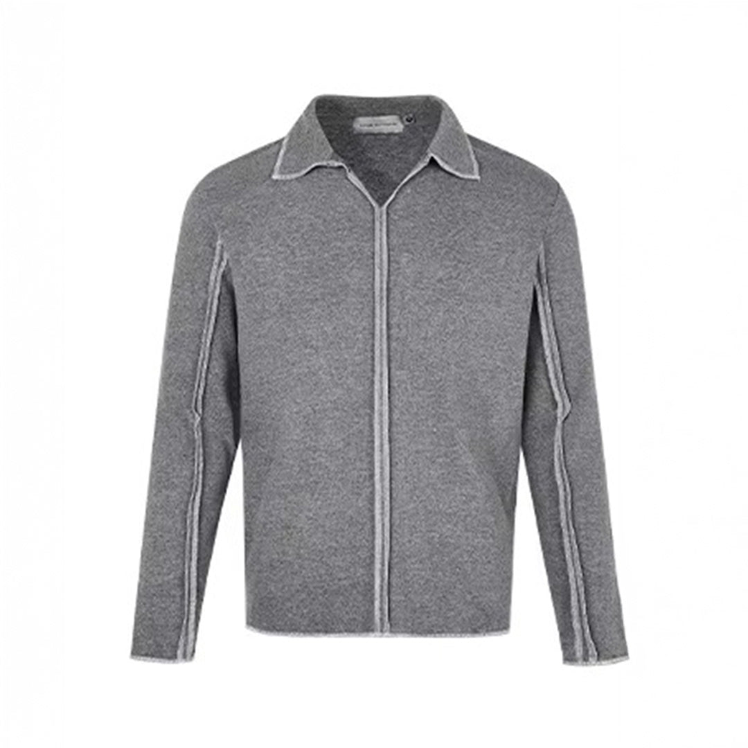Men's vintage navy blue cotton knit zip-up sweater with turn-down collar and white contrast detailing