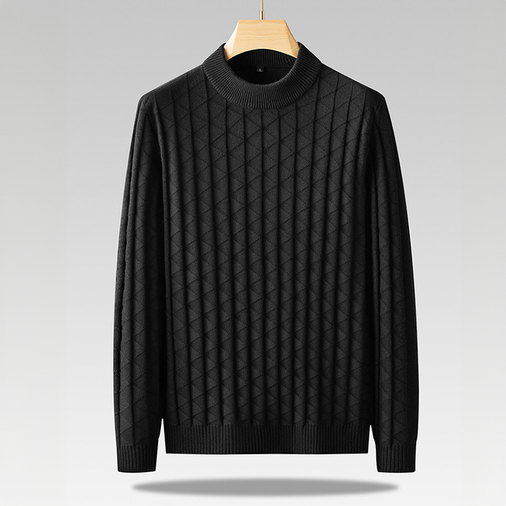Neutral diamond knit sweater with ribbed cuffs, subtle geometric texture, minimalist everyday layering style