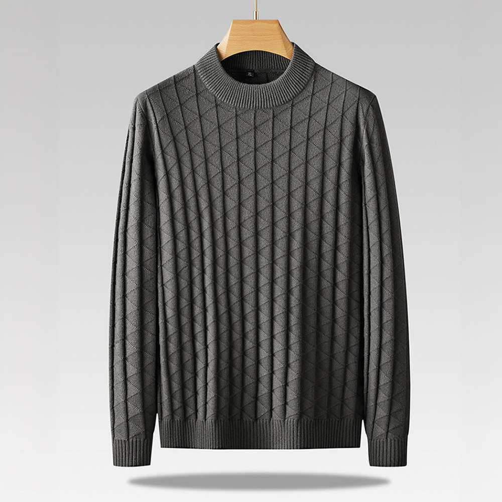 Cream diamond knit sweater with subtle pattern, ribbed cuffs, minimalist relaxed fit for layering