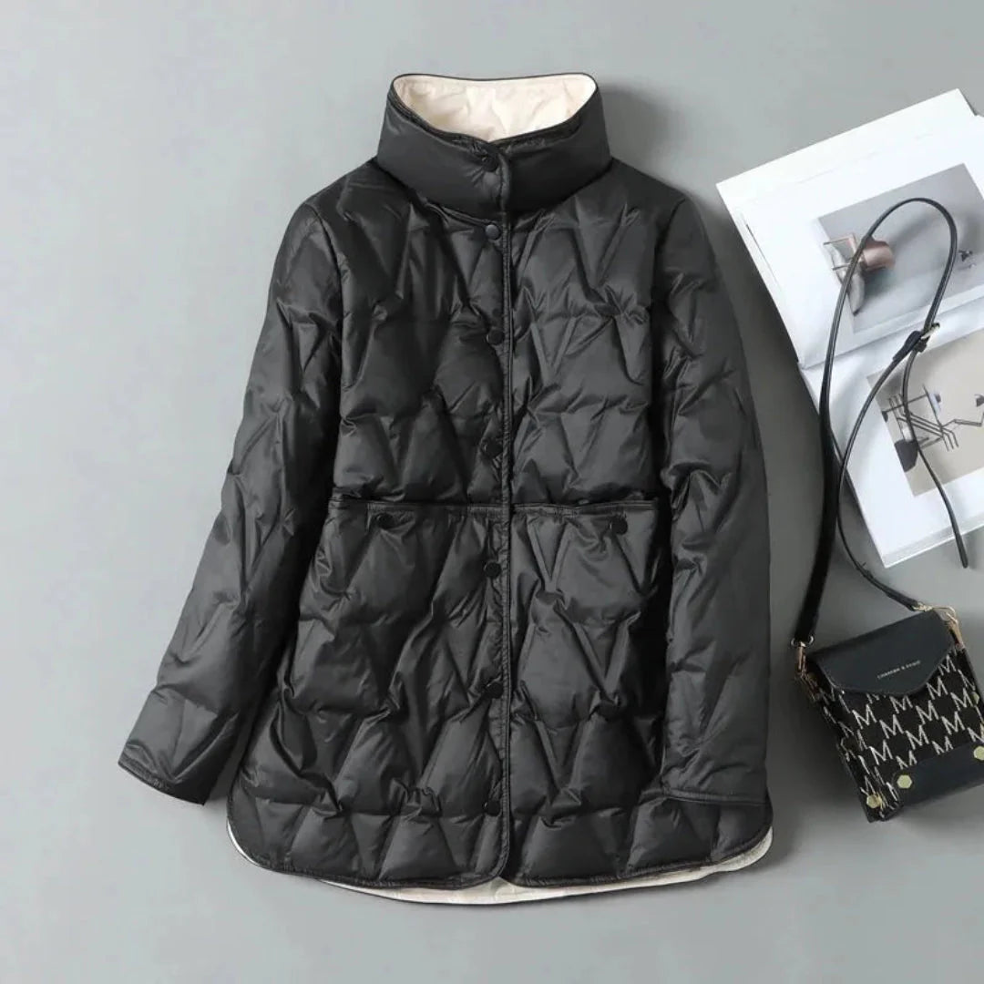 Women's Georgia quilted down jacket ultra-light insulation high neck snap front geometric pattern