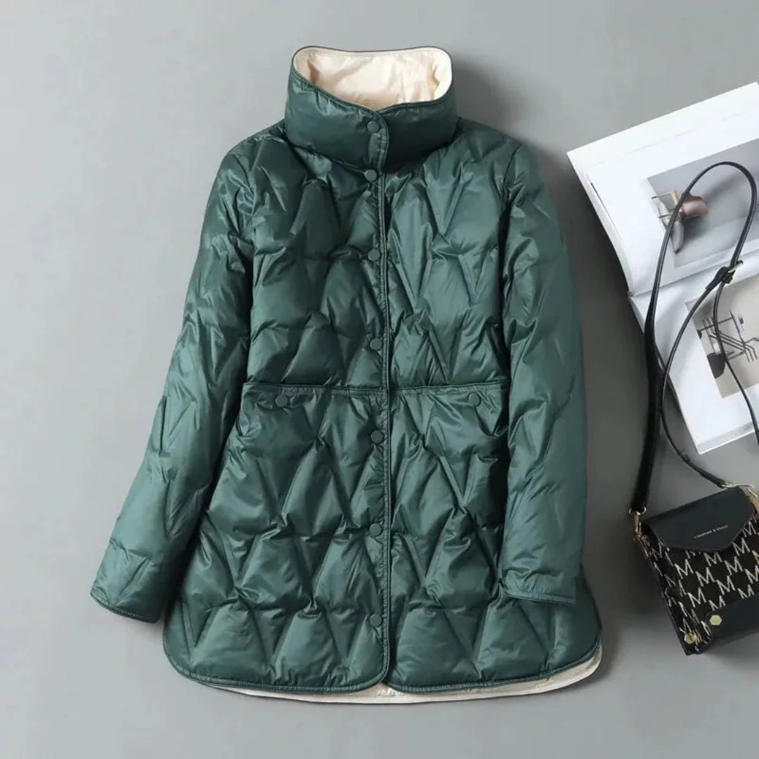 Women's Georgia quilted down jacket ultra-light insulation high neck snap front geometric pattern