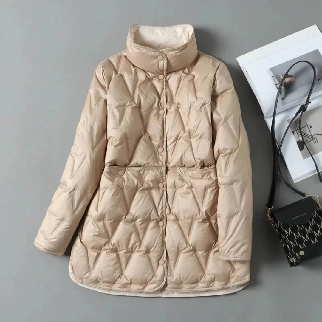 Women's Georgia quilted down jacket ultra-light insulation high neck snap front geometric pattern