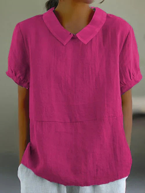 Women's loose fit cotton collared blouse, short sleeves, rounded collar, breathable soft fabric office shirt