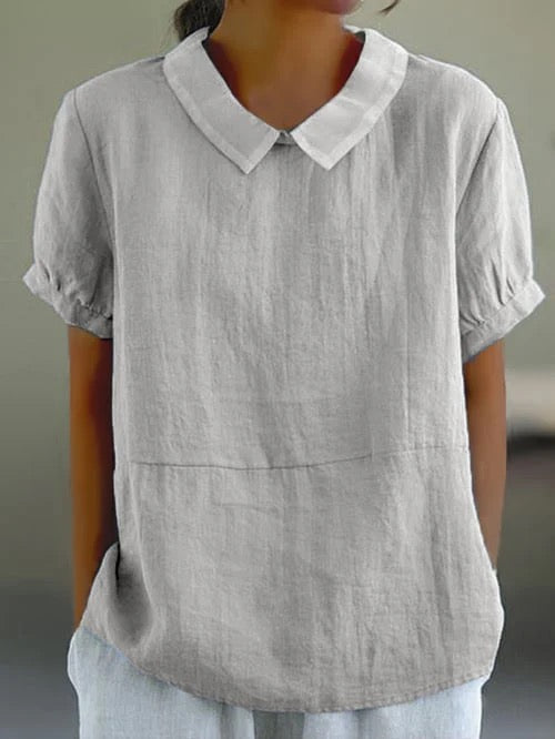 Women's loose fit cotton collared blouse, short sleeves, rounded collar, breathable soft fabric office shirt