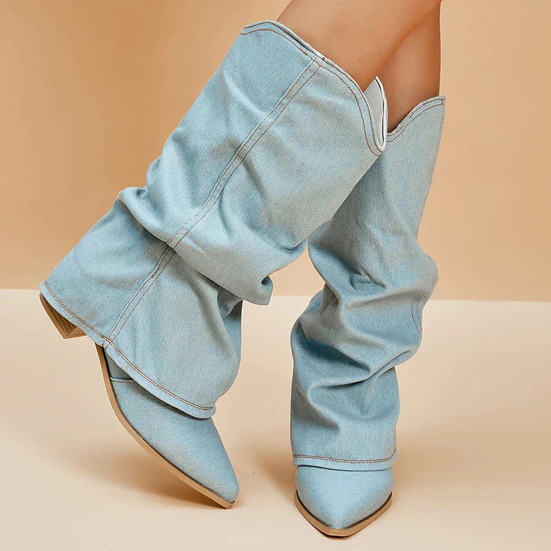 Women's denim knee-high boots with slouchy shaft and soft vegan leather casual-chic finish