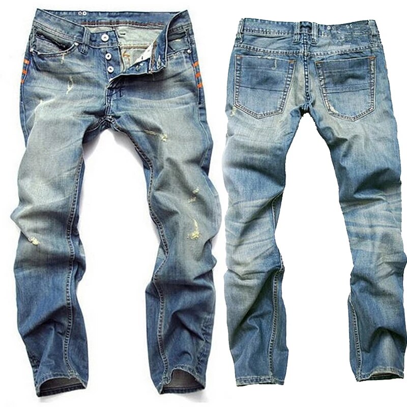 Men's blue distressed denim jeans comfortable fit with strategic rips and fades for urban style