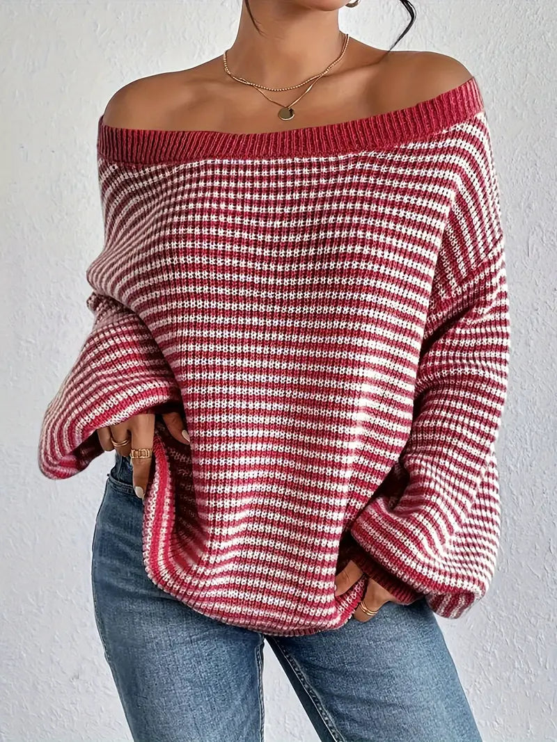 Women's striped off-shoulder knit sweater in multicolor, relaxed fit with soft cotton-blend fabric