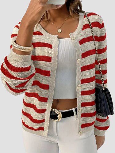 Women's soft knit striped cardigan casual elegance cozy layering piece with horizontal stripe pattern