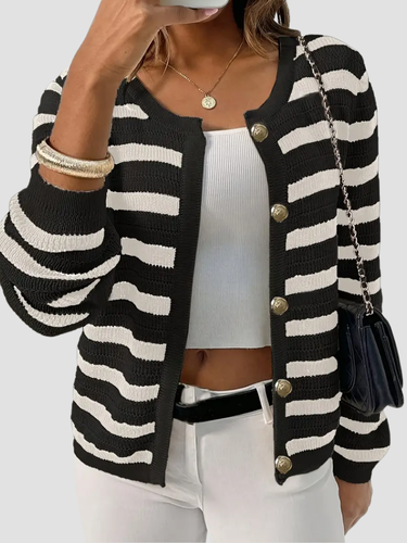 Women's striped knit cardigan, soft cozy casual elegance layering piece with horizontal stripe pattern
