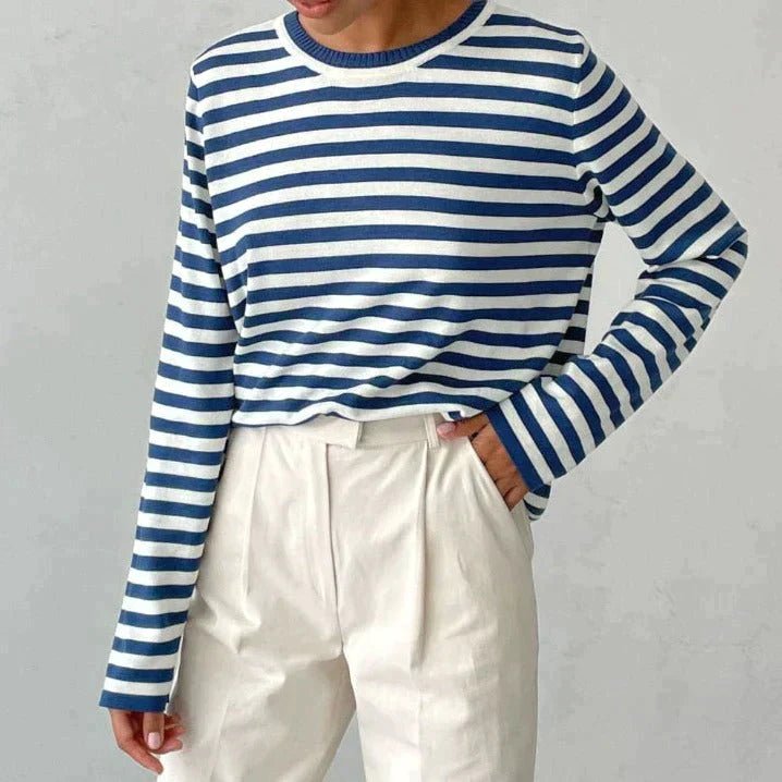 Women's relaxed-fit striped cotton sweater with classic modern stripe pattern for casual everyday wear
