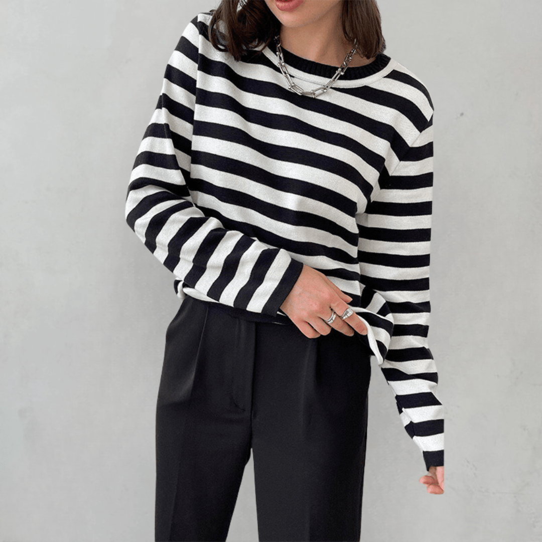Women's relaxed fit striped cotton sweater with classic modern stripe pattern for casual everyday wear
