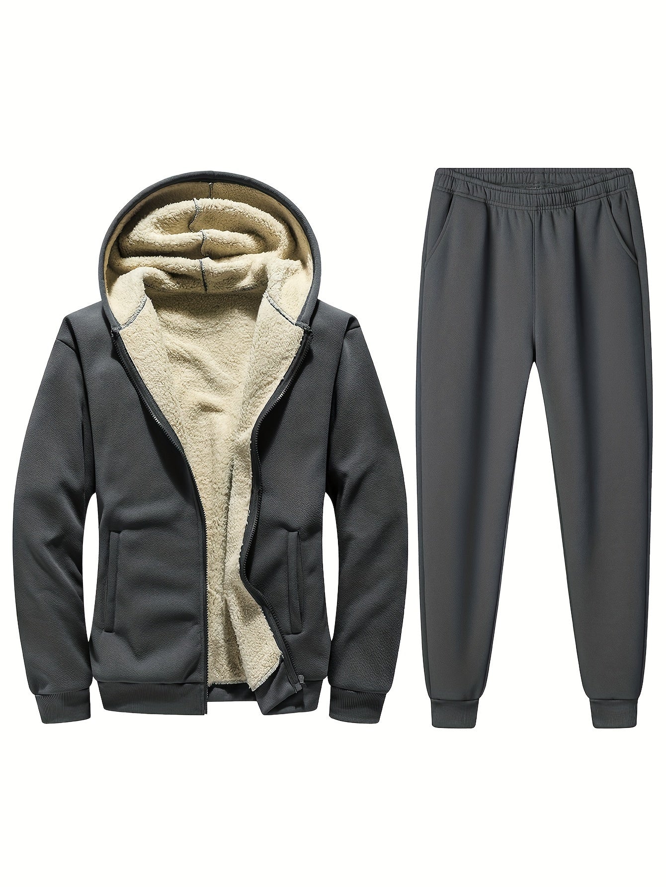 Men women gray fleece jogging suit comfort fit stand-up collar zip jacket trackset