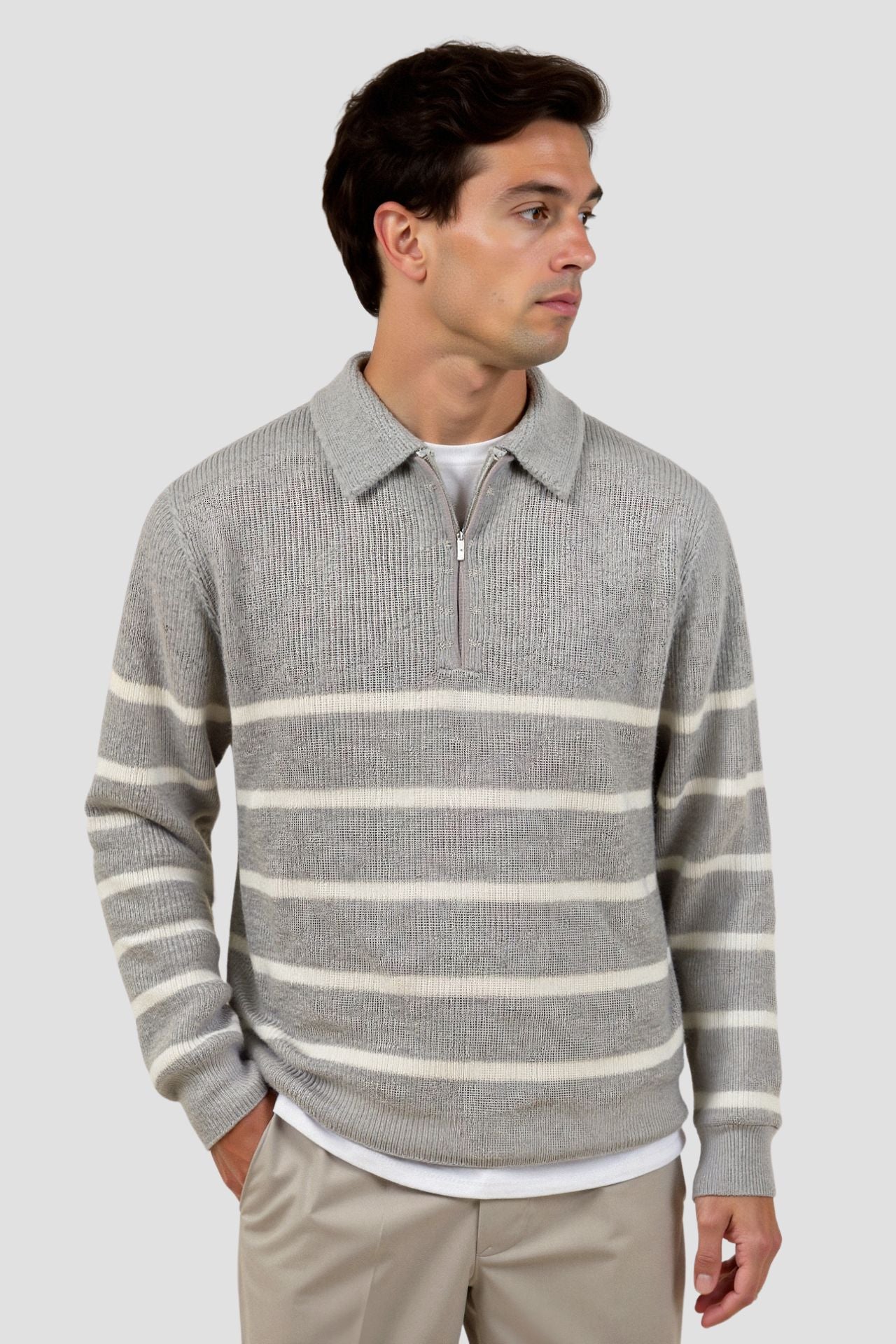 Men's striped zip sweater regular fit cotton blend Old Money elegant knitwear autumn style