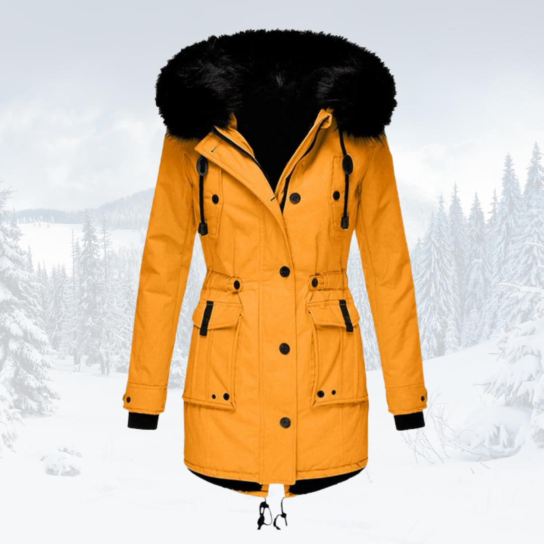 Women's olive windproof parka jacket with plush fur-lined hood for cold weather warmth
