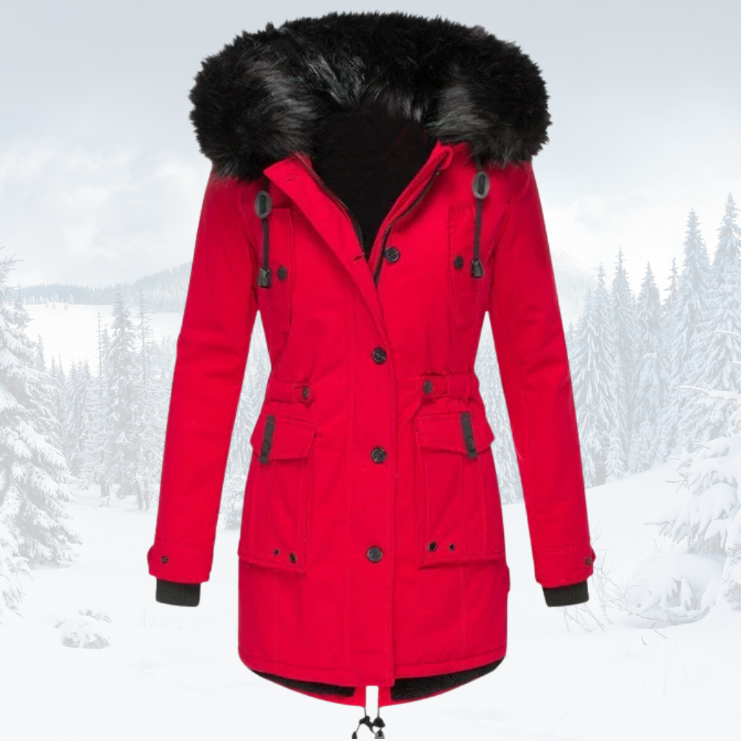 Women's olive green windproof parka jacket with plush fur-lined hood for cold weather warmth