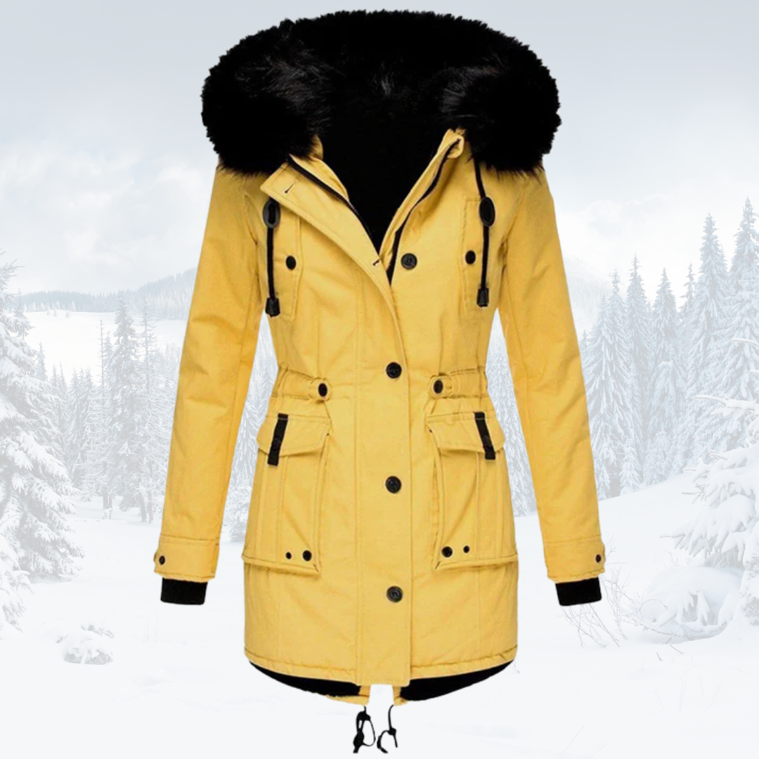Women's black windproof parka jacket with fur-lined hood, longline fit for cold weather protection