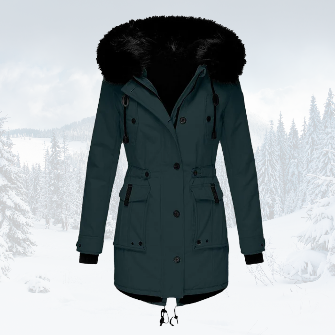 Women's olive green windproof parka jacket with plush fur-lined hood for cold weather protection