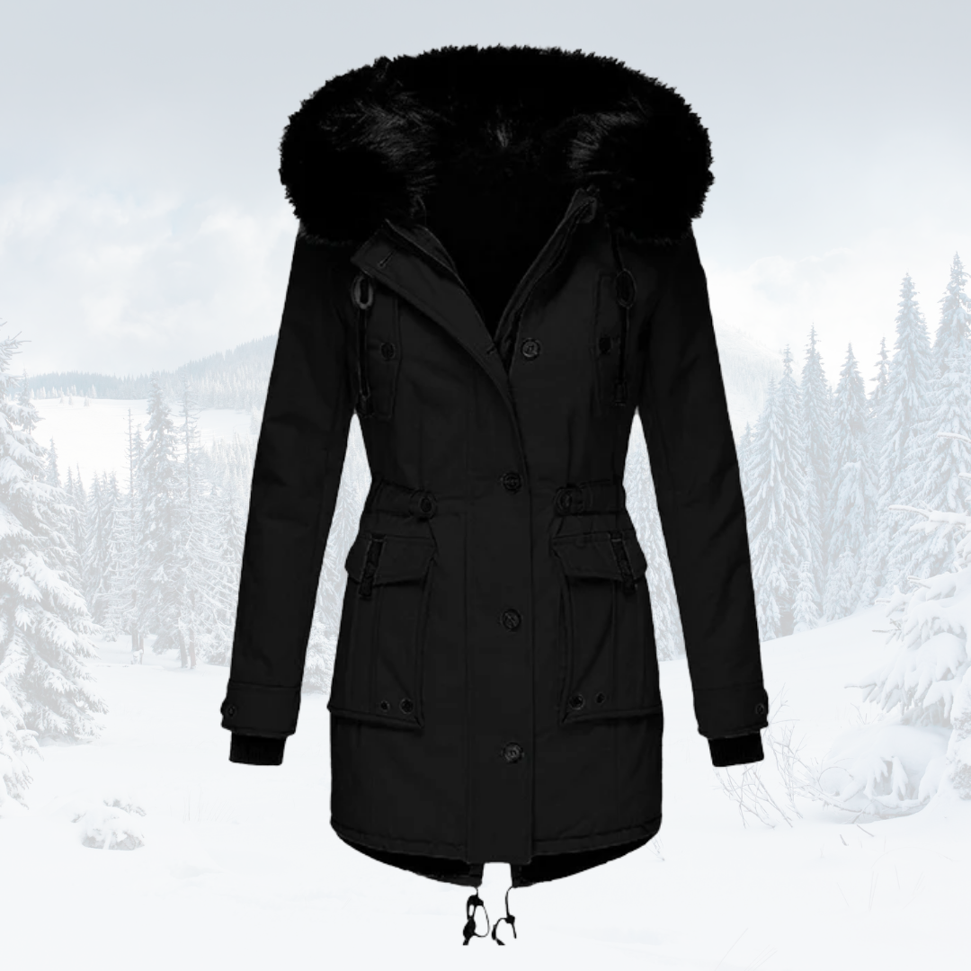 Women's olive green windproof parka jacket with fur-lined hood, slim fit cold weather coat