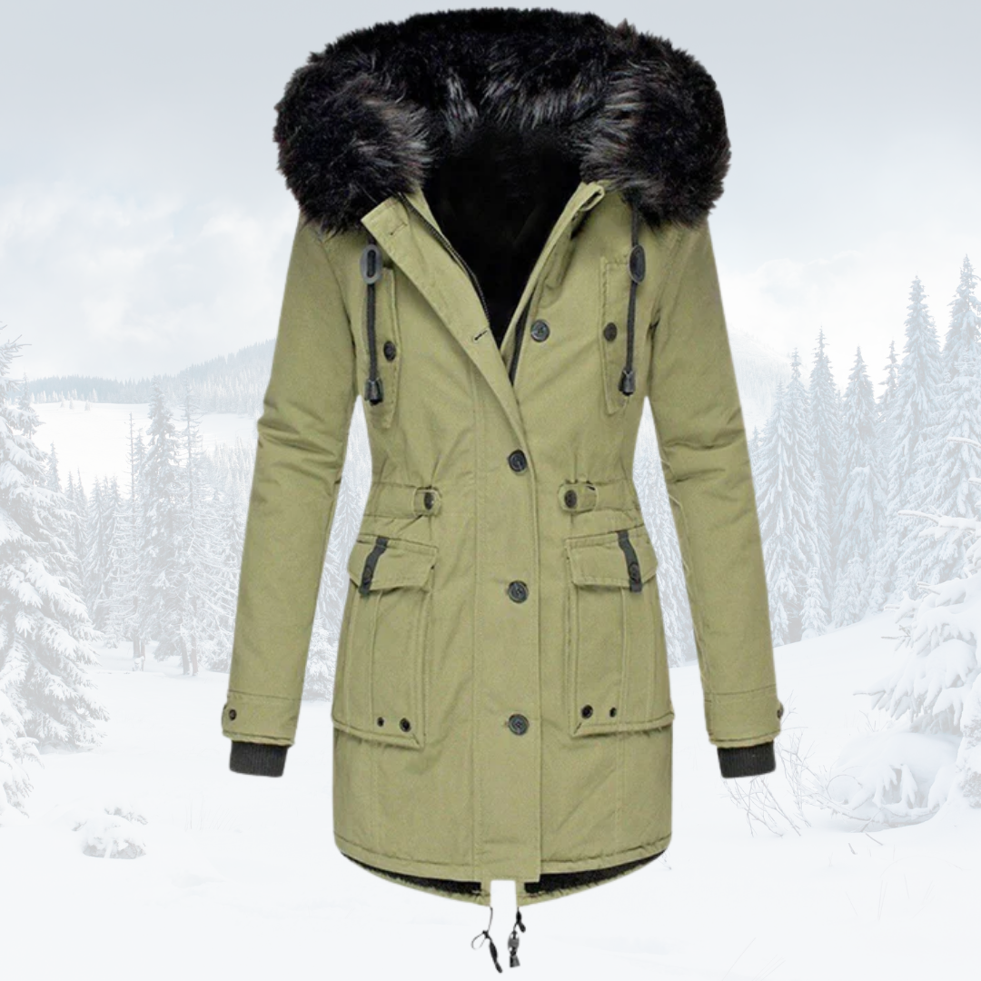Women's olive green windproof parka jacket with fur-lined hood, slim fit silhouette for cold weather