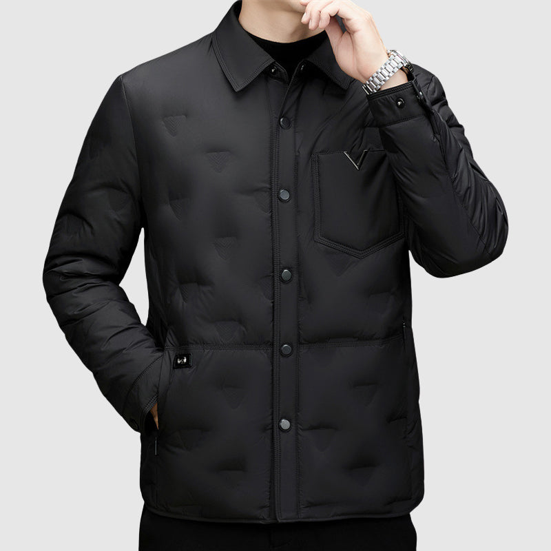 Lorenzo Vitali men's tailored coat, classic dark tone, slim polished silhouette with HeatLock insulation