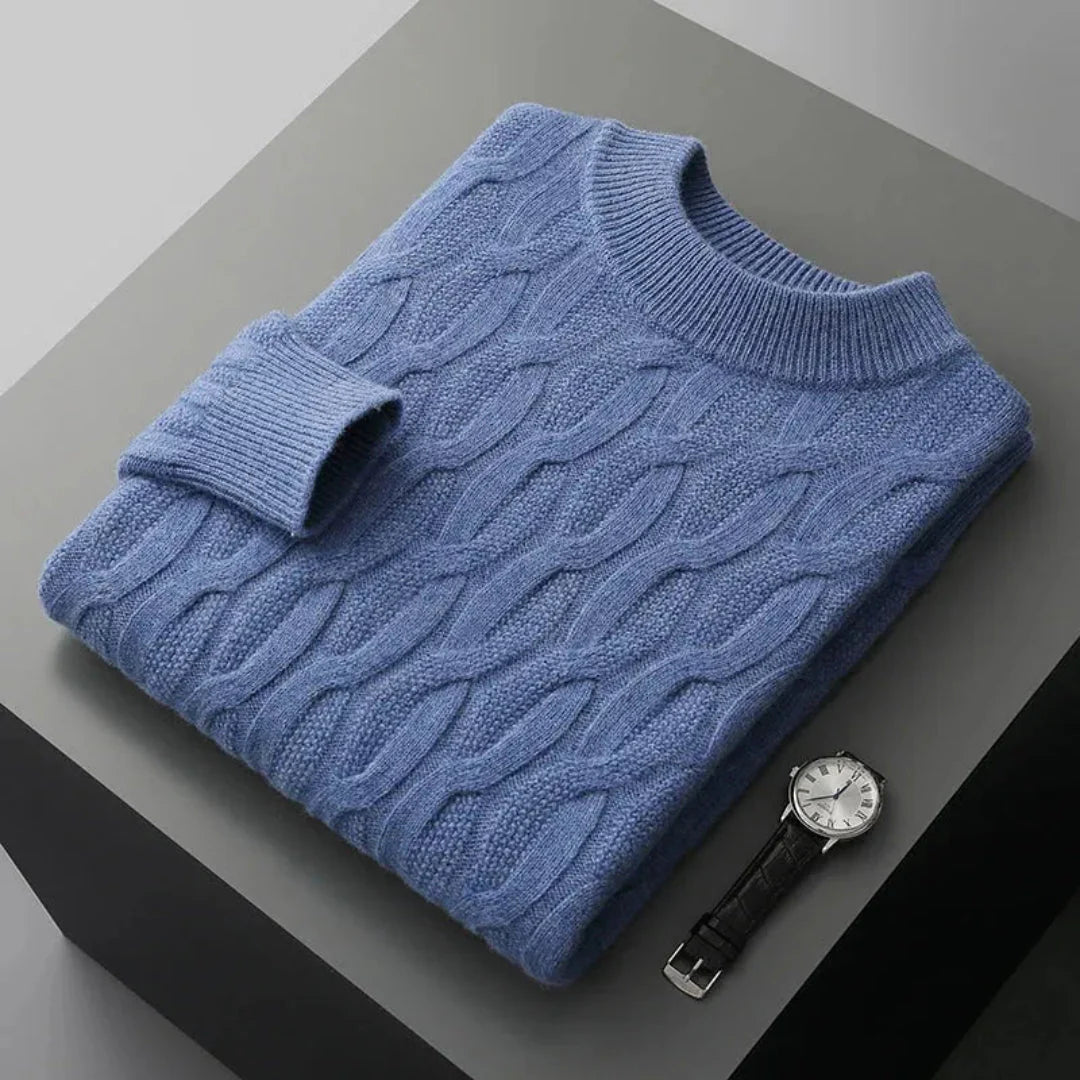 Men's ivory cashmere cable-knit crew neck sweater with jacquard texture, premium softness