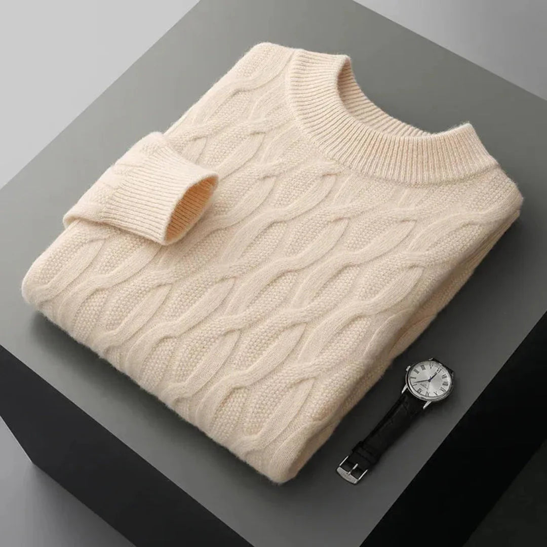 Men's cream cashmere crew neck sweater with cable-knit jacquard texture and premium soft finish