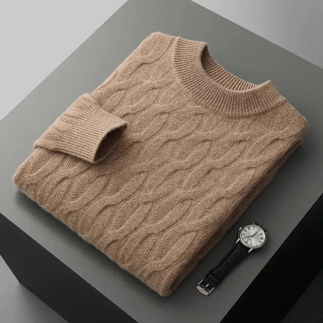 Men's cream cashmere cable-knit crew neck sweater with jacquard texture, luxurious softness