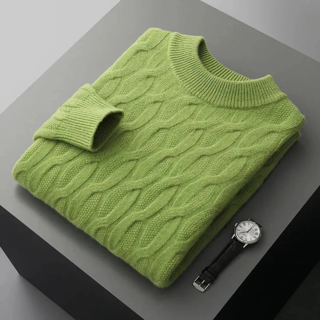 Men's cable-knit jacquard cashmere crew neck sweater in premium neutral tone with textured pattern