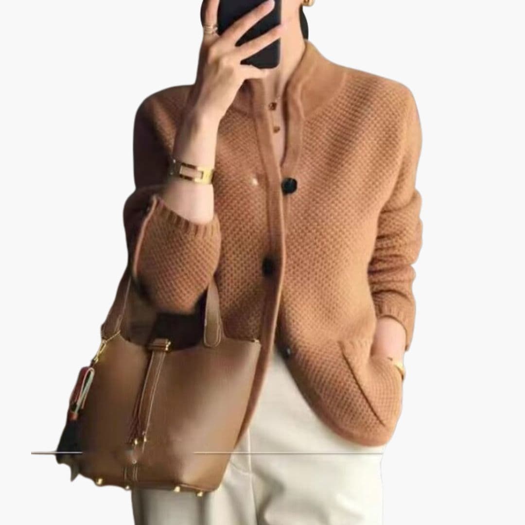Women's textured knit cardigan with button front, ribbed neckline, side pockets, cozy versatile style