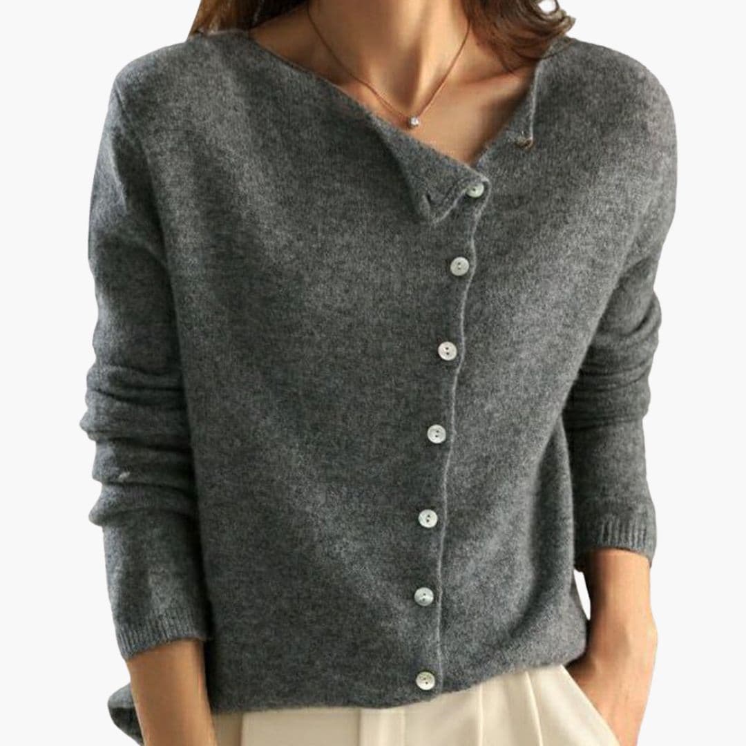 Women's everyday cardigan round neck asymmetric buttons ribbed cuffs relaxed fit neutral tone layering piece