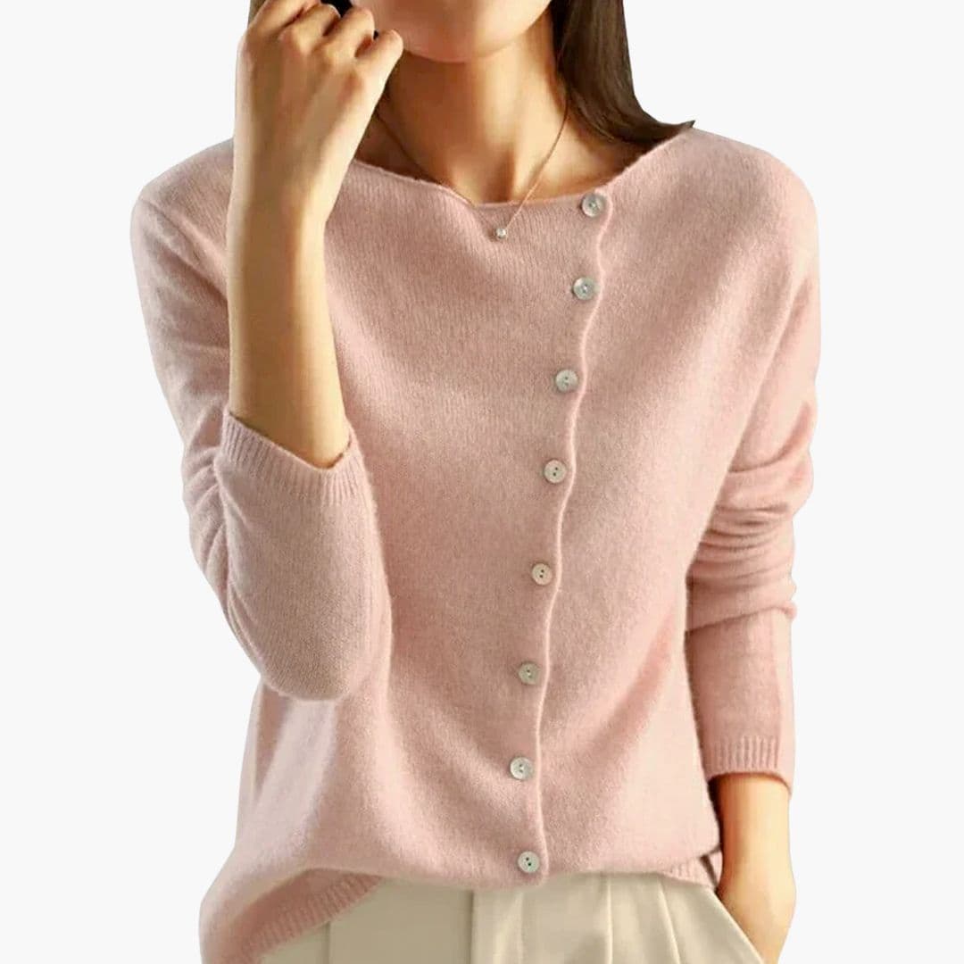 Women's everyday cardigan with asymmetric button closure, round neck, ribbed cuffs, sleek silhouette