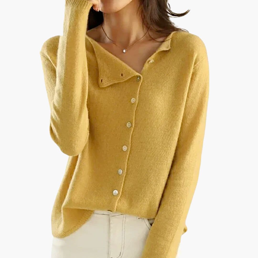 Women's ribbed cuff cardigan with asymmetric buttons, round neck, sleek everyday layering style