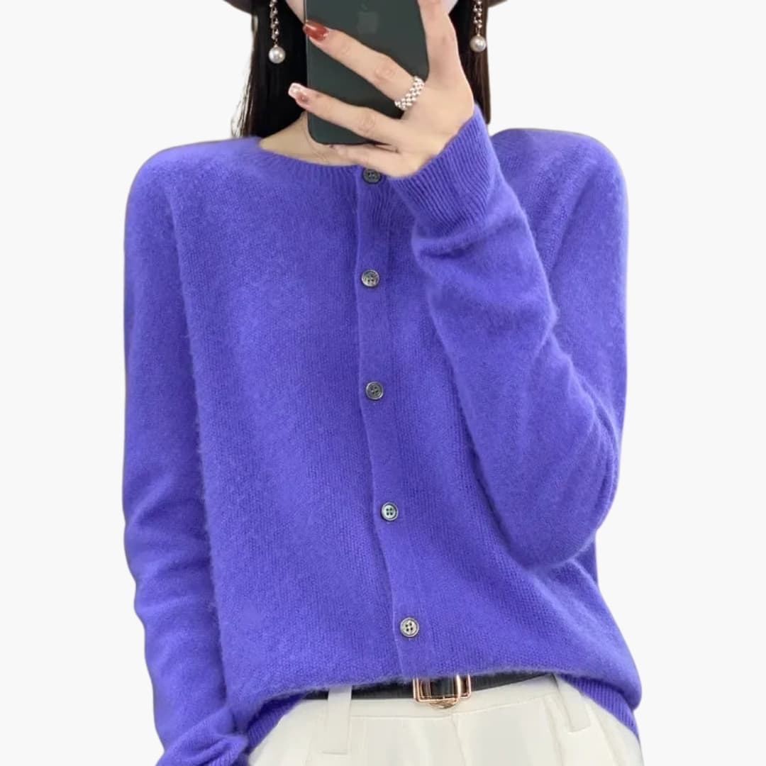 Women's cream knitted long sleeve vest round neck button front ribbed cuffs versatile layering