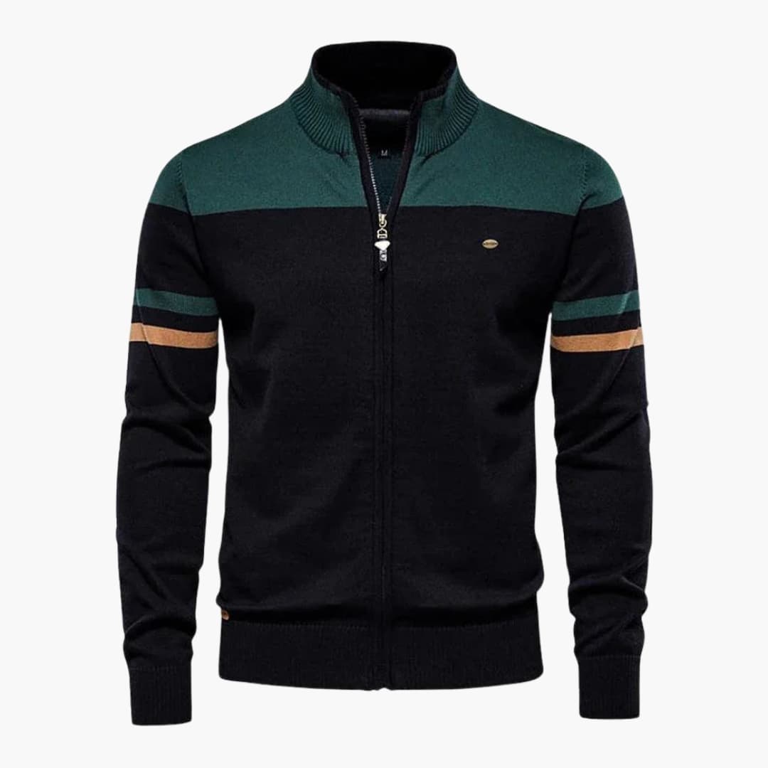 Men's lightweight knit zip-up vest with stand-up collar and ribbed cuffs, smart-casual structured fit
