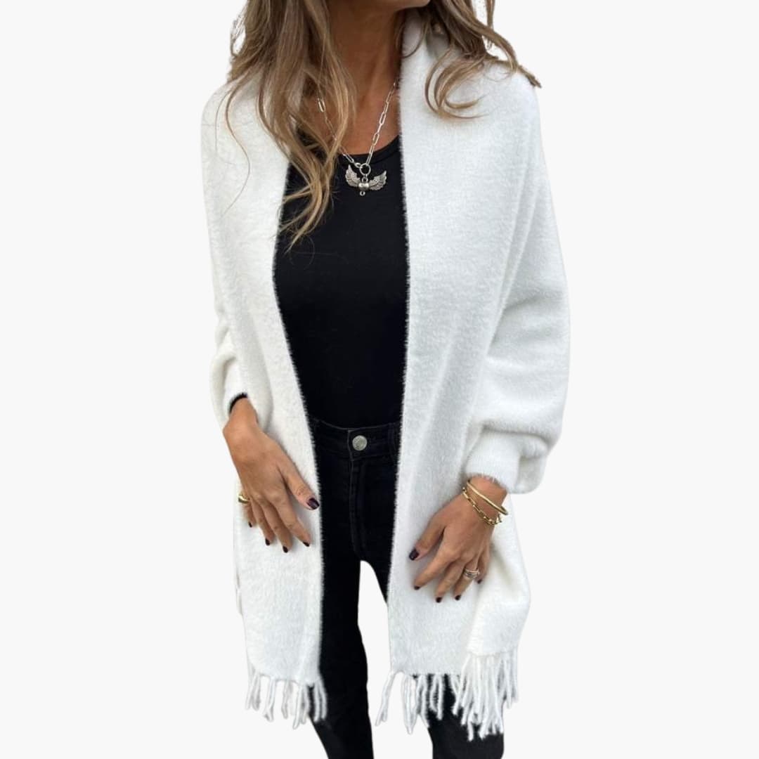 Women's open-front fringed hem vest, long sleeves, textured chic layering piece in neutral tone